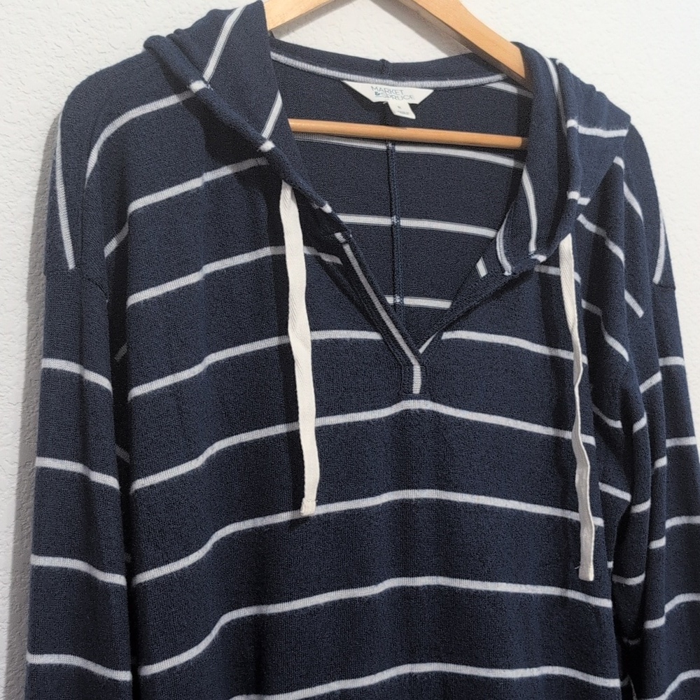 Market & Spruce Kallon Soft Brushed‎ Pullover Hoodie Navy Blue White Stripes XL - Picture 2 of 11